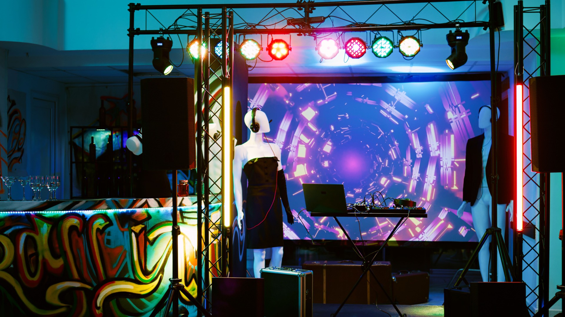 Club con stazione di mixaggio e luci